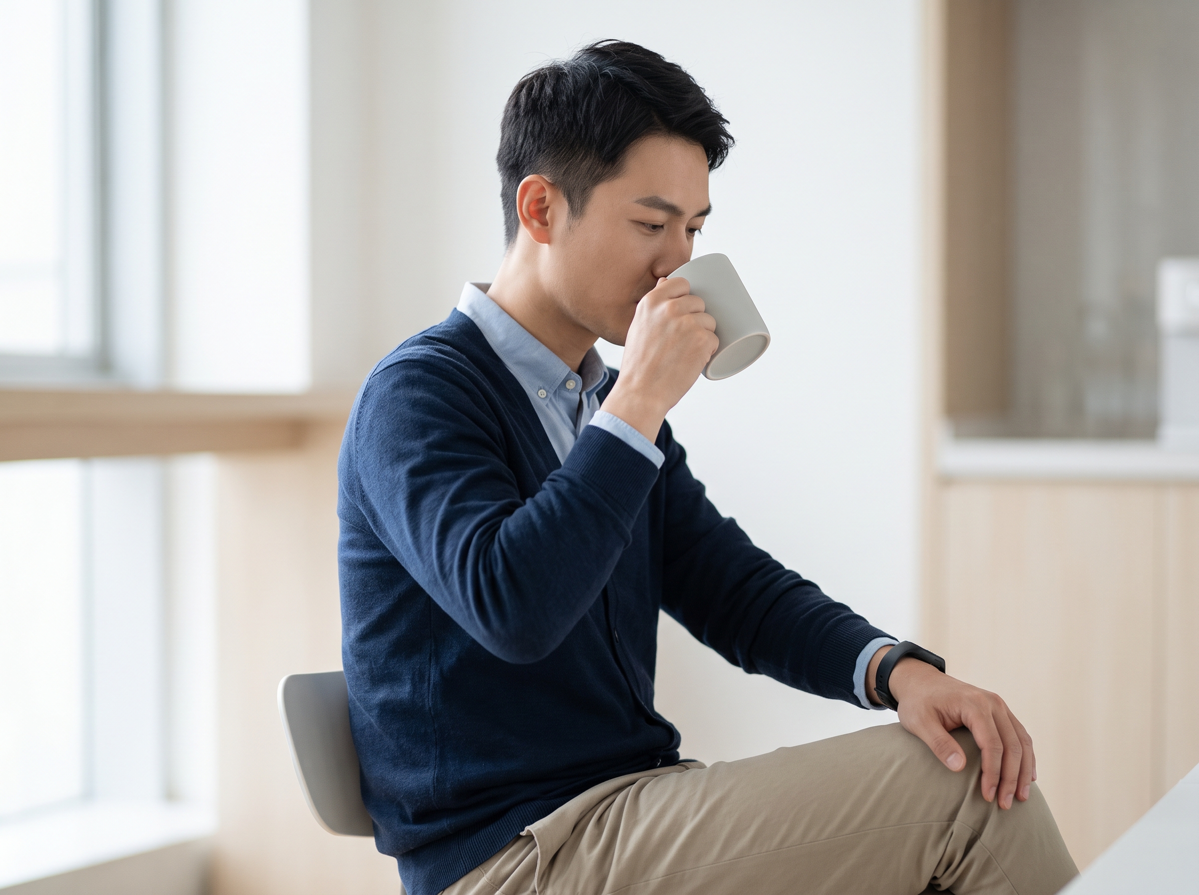中国员工在工作场所短暂休息并进行日常健康行动