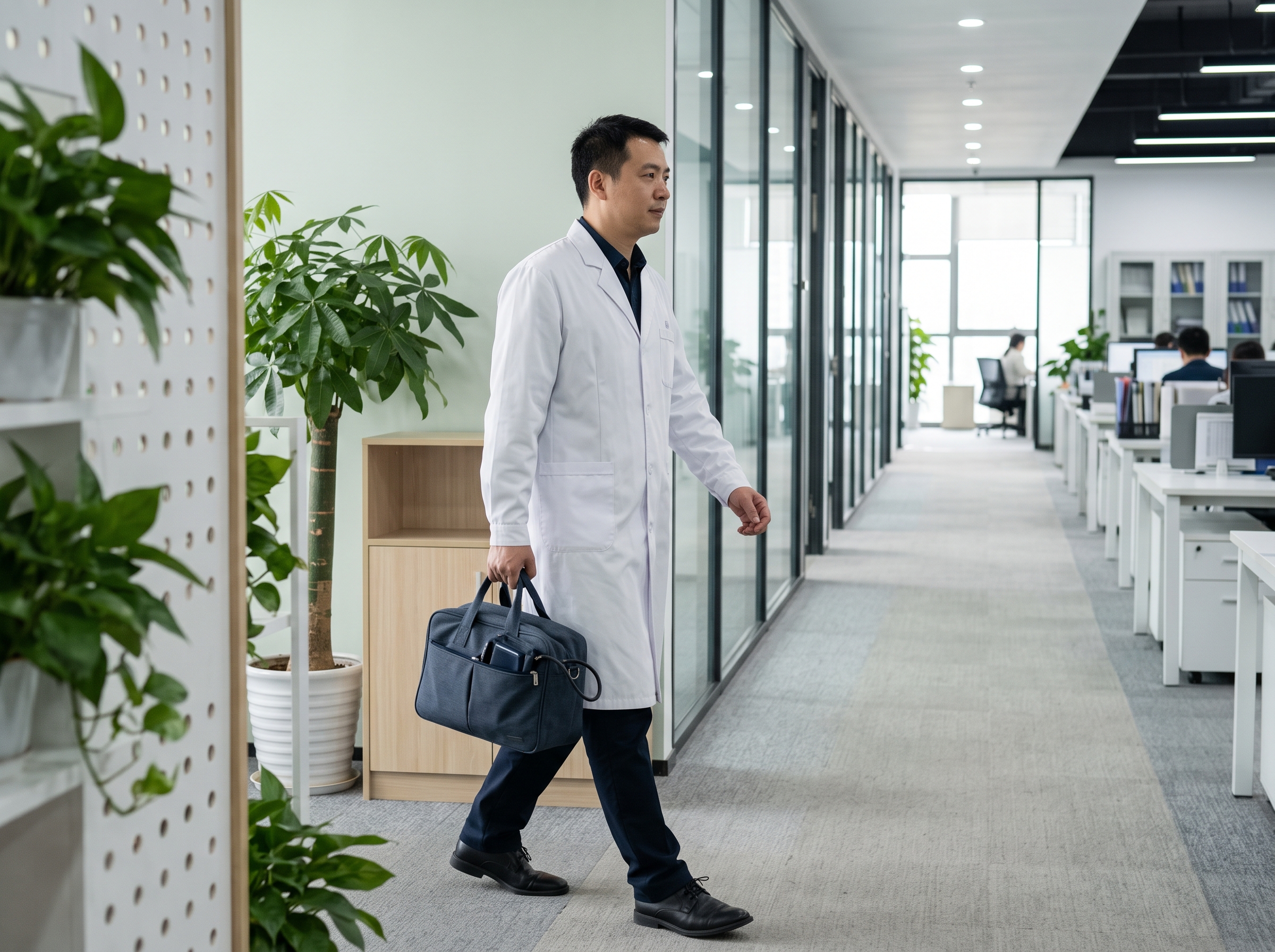 基层医疗医生携带便携服务包走进企业工作场景